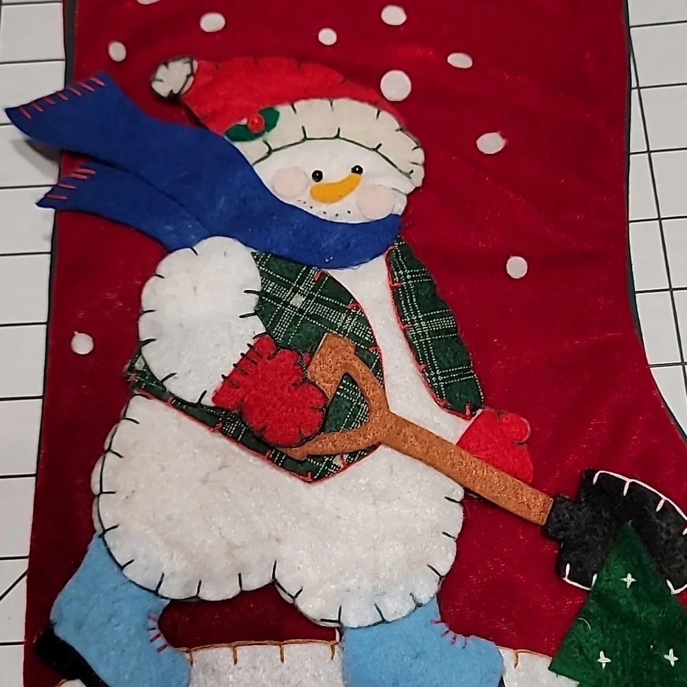 Snowman ⛄️ Shoveling Stocking, Red Velour with Felt Design Preloved‎
